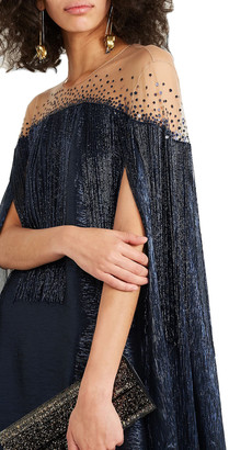 Oscar de la Renta Cape-effect Fringed Silk-blend Lamé And Embellished Tulle Gown