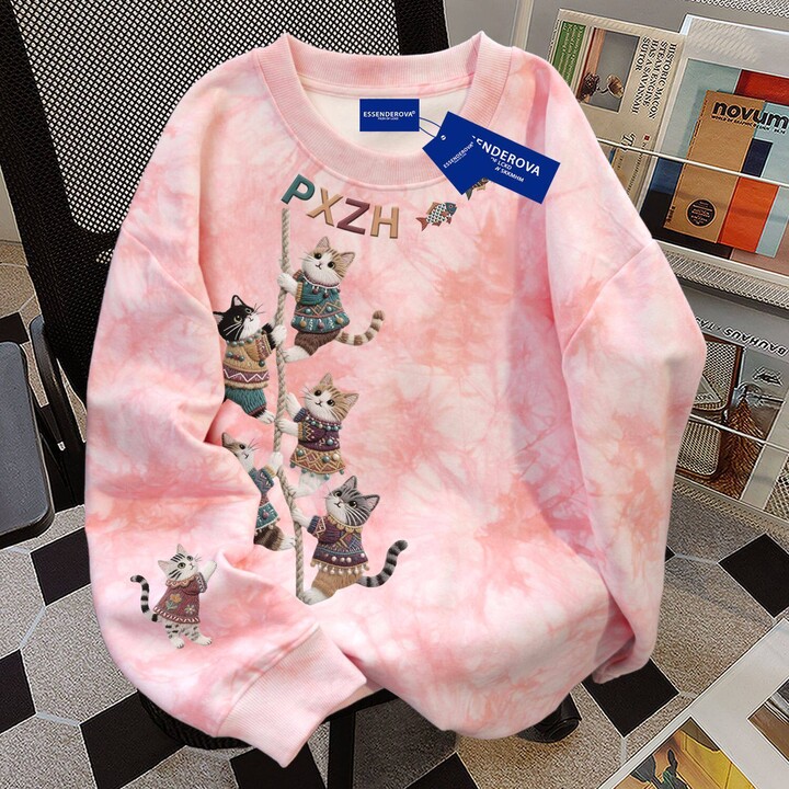 JBOLID Sweet Cute Climbing Cats Print Tie Dye Sweatshirt, Pink Pastel Crew Neck Pullover with Cartoon Cat Graphic Cozy Fleece Top Women