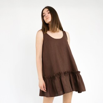 Gunda Hafner - Brown Sleeveless A Line Linen Dress With Ruffles