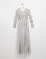 Thumbnail for your product : Maya Petite Bridesmaid long sleeve v back maxi tulle dress with tonal delicate sequin in silver