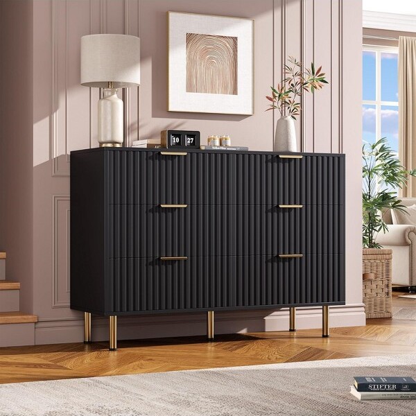 Fulvari ModernSideboardwithFluted6DeepDrawers&MetalLegsWoodenDresserOrganizerSideTableforBedroomLivingRoomHallwayKidsRoomBlack