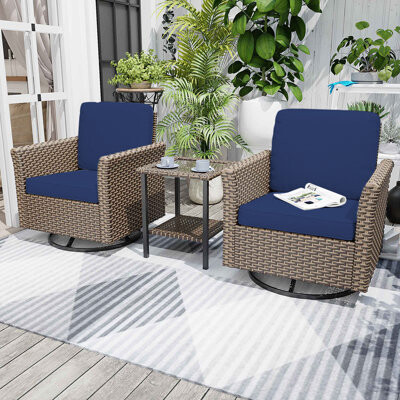 Winston Porter 3-Piece Wicker Outdoor Patio Set with 2 Swivel Chairs & Tempered Glass Side Table - Durable Weather-Resistant Furniture for Patio, Balcony, Garden