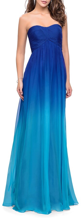 blue strapless gown