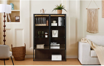 Latitude Run 51.2'' Freestanding Lighted Display Cabinet With Glass Door Pantry Cabinet With Metal Frame & Storage Curio Cabinet With 4-Tier Adjustable Glass She