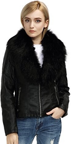 TIMEMEANS Fashion Womens Faux Leather Sleeveless Short Jacket,Moto Jacket with Detachable Faux Fur Collar for Winter 