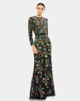 Mac Duggal Floral Embellished Long Sleeve Gown