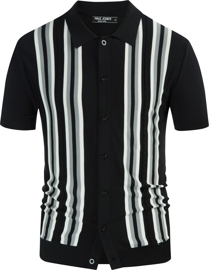 PJ PAUL JONES Mens Vintage Striped Polo Shirts Button Front Knit Polo T