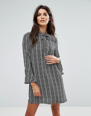 Goldie Janey Striped Leaf Printed Shift Dress With Bell Sleeves And Neck Tie