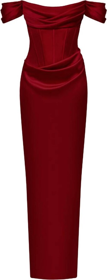 Rasario Off-The-Shoulder Draped Corset Gown In Burgundy