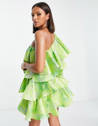 ASOS Luxe super ruffle one shoulder jacquard mini dress in green - ShopStyle