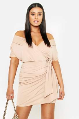 boohoo Plus Wrap Front Belted Crepe Dress