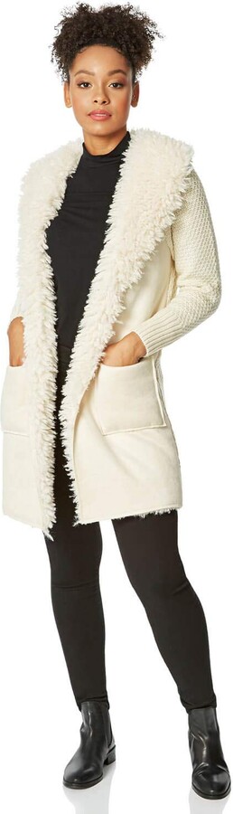 Roman Originals Women Longline Faux Shearling Knit Coatigan - Ladies