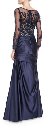 La Femme Long-Sleeve Ruched Lace & Satin Gown, Navy