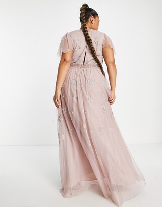 ASOS Curve ASOS DESIGN Curve Bridesmaid pearl embellished flutter sleeve maxi dress with floral embroidery in rose
