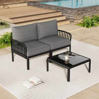 Latitude Run 3 Piece Patio Conversation Sets Modern Outdoor Patio Sectional Furniture Set With Square Coffee Table Waterproof Thick Cushion Deep Seating For Porc
