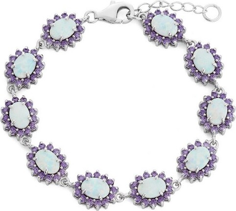 OpalataSterlingSilverOvalWhiteInlayOpalwithAmethystCZBorderBracelet-White-7.25Inch