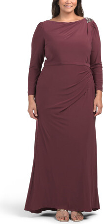 TJMAXX Long Sleeve Embellished Shoulder Gown For Women, Polyester