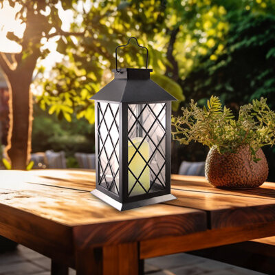 LumaBase Black Tudor Solar Powered Lantern with LED Candle
