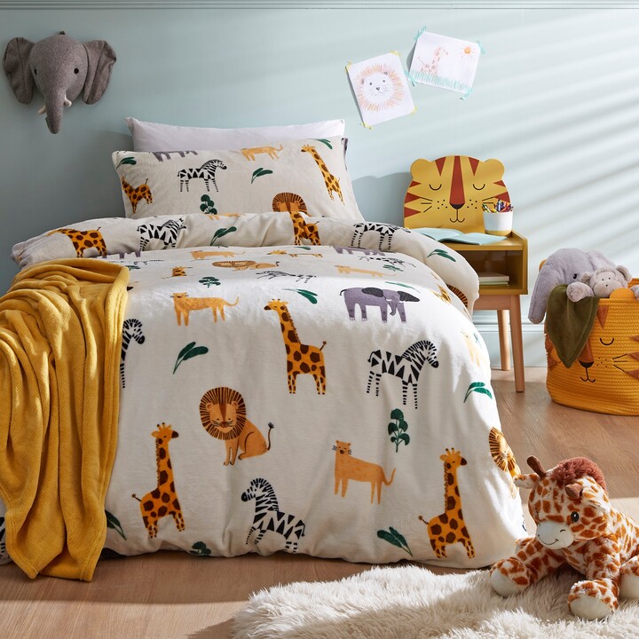 Dunelm Safari Natural Cream Fleece Duvet Cover and Pillowcase Set, Size