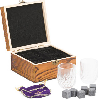 TJMAXX Whiskey Wooden Box Set With 2 Glasses And 6 Whiskey Stones For Men