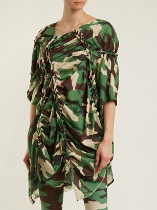 Junya Watanabe Gathered-detail Camouflage-print Woven Dress - Green Multi