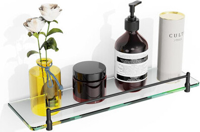 Glass Bathroom Shelf For Wall,24-Inch Black Floating Glass Shelves For Bathroom Modern Stainless Steel Tempered Glass Shelf Wall Mount Accessories
