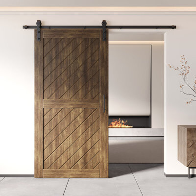 Homacer Dark Walnut Unassembled & Finished Slanted Stripe Design Barn Door with Non-Bypass Installation Hardware Kit, interior use only