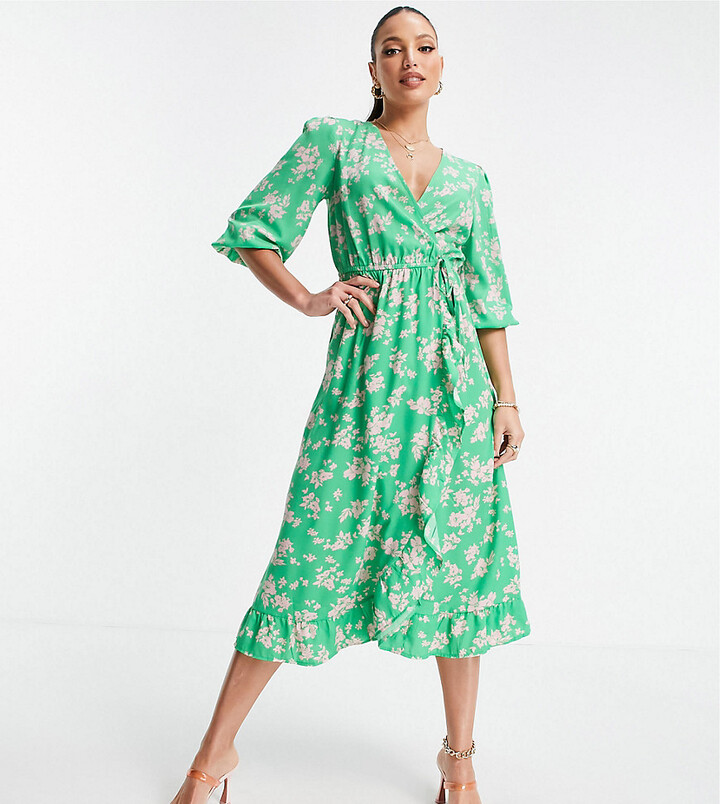 New Look Tall floral wrap midi dress in green pattern - ShopStyle