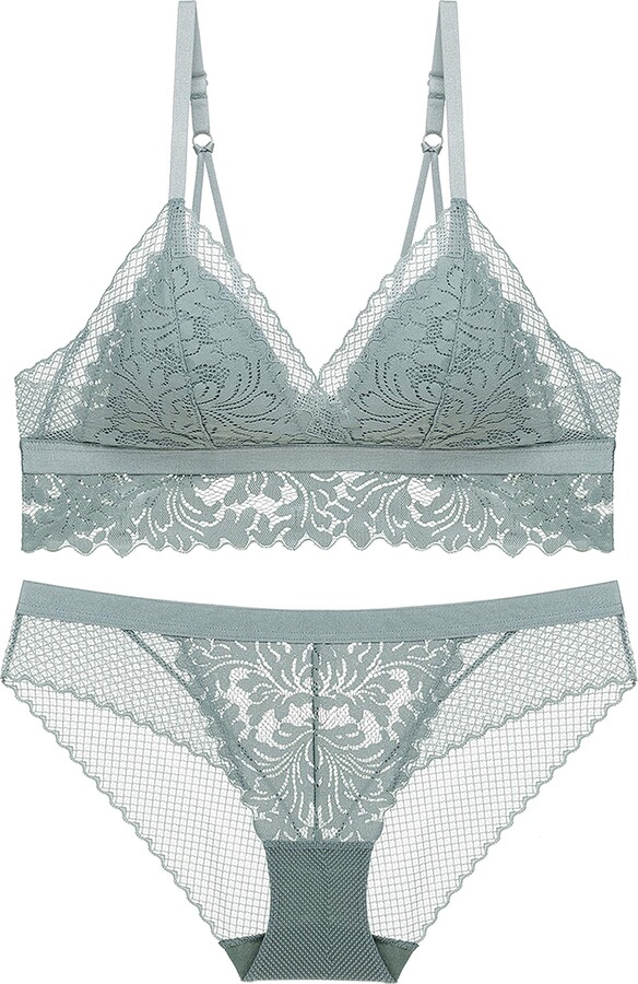 shekini Women Triangle Lace Bralette Set Non Wired Bra and Sheer