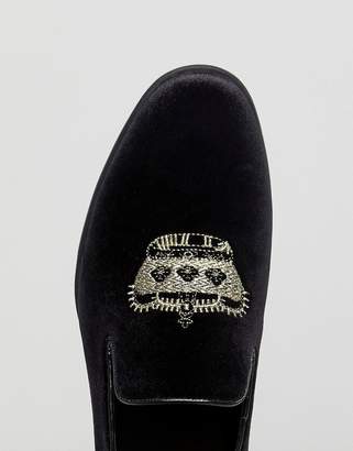 ASOS Design DESIGN Wide Fit loafers in black velvet with crown embroidery