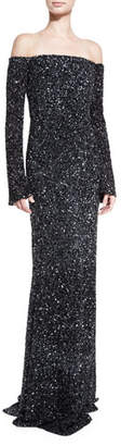 Rachel Gilbert Makenna Off-the-Shoulder Long-Sleeve Gown, Black
