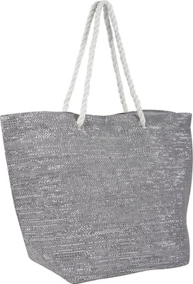 Lazy Beach Bag Ladies Beach Bag Sparkling Blue Silver Stripe Design Shoulder Tote Handbag Paper Straw with Braided Rope Handles Fully Lined Phone Pocket Top Zip - Ideal for Holidays Seaside Poolside Shopping 55cm