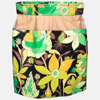 Fendi Green Floral Printed Coated Cotton Tulle Band Mini Skirt S