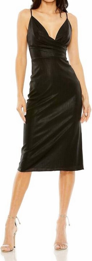 Leena for Mac Duggal Metallic V-Neck Midi Dress In Black