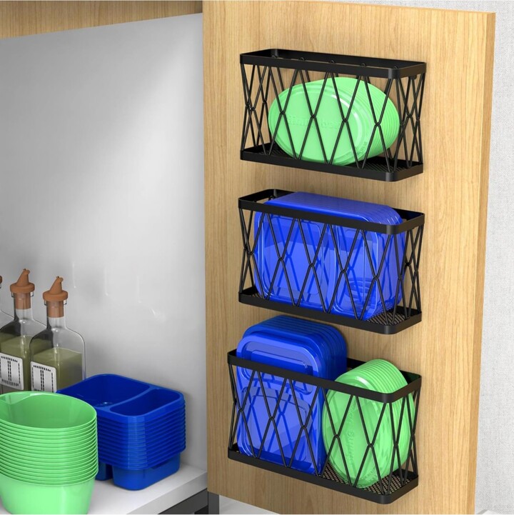 Yigii 3-Pack Adhesive Cabinet Organizer – Wall-Mounted Pantry & Under-Sink Storage Bins for Lids Slim Space Saver Black