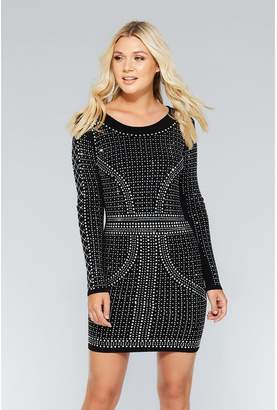 Quiz Black and Silver Knit Long Sleeve Embellished Dress