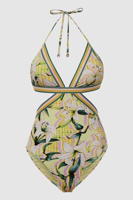 Reiss Yellow Print Hatty Floral Print Cut-Out Swimsuit