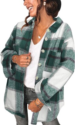 OMZIN Women's Plaid Outwear Flannel Shirts Button Down Color Block Coat