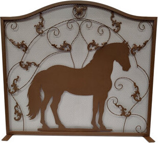 Laklynn Western Wild Horse Scrollwork Heavy Brown Metal Mesh Screen 1-Panel Decorative Fireplace Screen