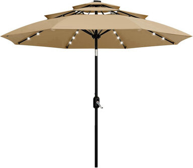 Latitude Run 10 ft. 3-Tier Patio Umbrella Solar LED Lighted Round Market Umbrella with Crank & Push Button Tilt