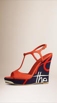 Thumbnail for your product : Burberry Leather And Typographic Print Platform Wedges