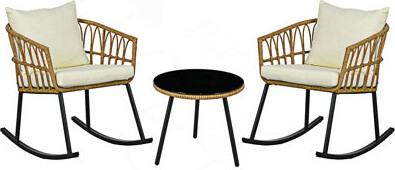 Latitude Run 3 Piece Bistro Set With Cushions, Outdoor Pe Rattan Wicker Patio Rocking Chair With Glass Top Coffee Table