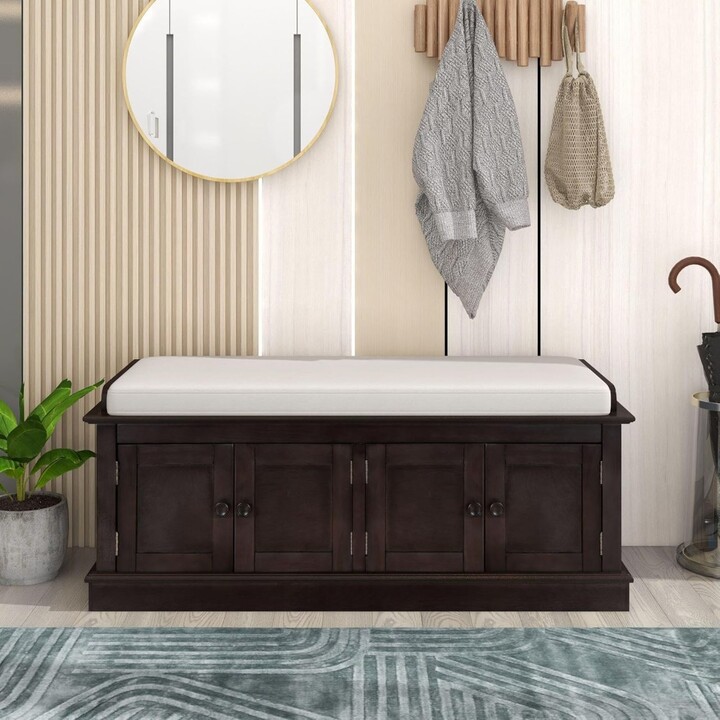 RBXC Rustic Storage Bench with 4 Doors and Adjustable Shelves Removable Cushion Rectangular Ottoman Cabinet Foot Rest Stool Solid Wo