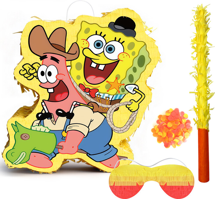 Potdemiel 4 Pcs SpongeBob Party Pinatas Set-14.56 & apos;' SpongeBob Theme Piñata Blindfold & Pinata Stick etc SpongeBob Pinata Games Supplies
