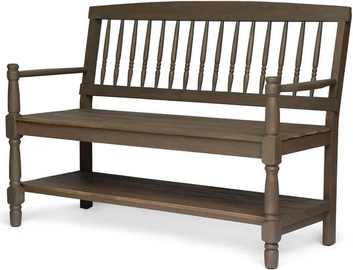 BOPOREA MEGO LLC Farmhouse Wood Entryway Outdoor Bench with Storage Shelf, Armrests-Rustic Indoor Seating for Foyer, Patio
