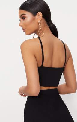PrettyLittleThing Black Crepe Lace Up Detail High Neck Crop Top