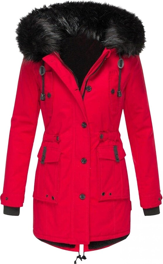 ladies red coat with fur hood
