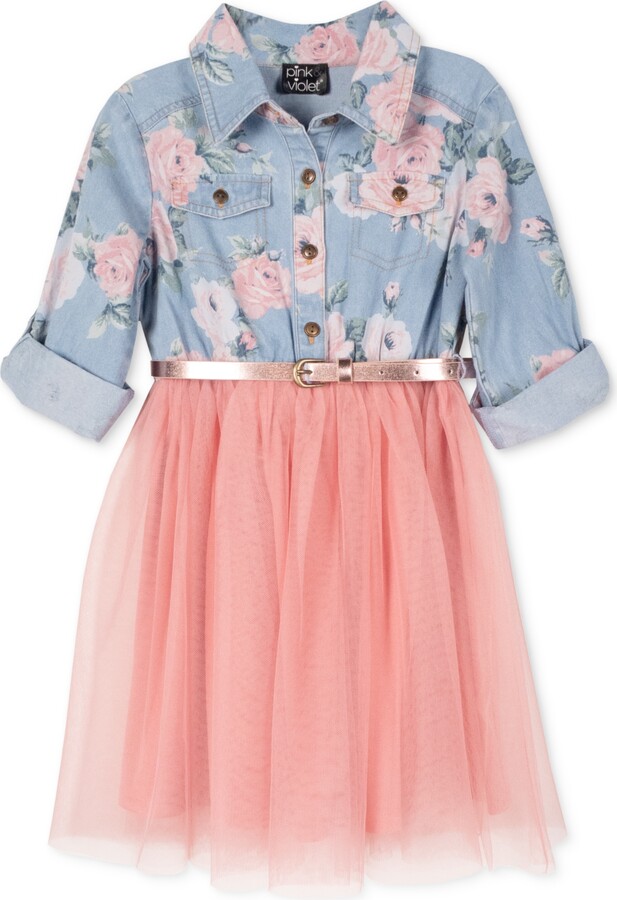 Pink Violet Toddler Girls Little Girls Printed-Denim Mesh-Skirt