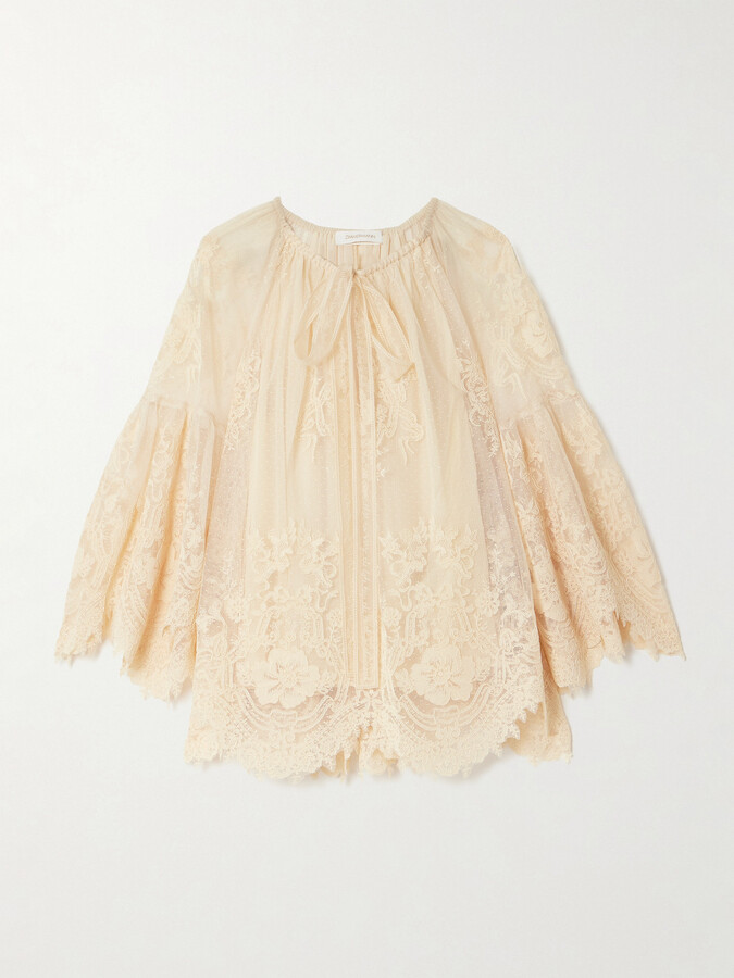 Zimmermann Hypnotic Tie-neck Flocked Lace Blouse - Cream
