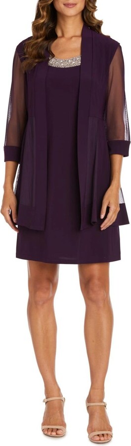 R & M Richards 3/4 Sleeve Embellished Jacket & Dress Set In Plum